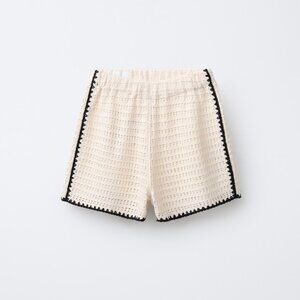 NWT Zara Girls Cream Crochet Knit Shorts Black Trim Pull On - Size 13-14 or XS
